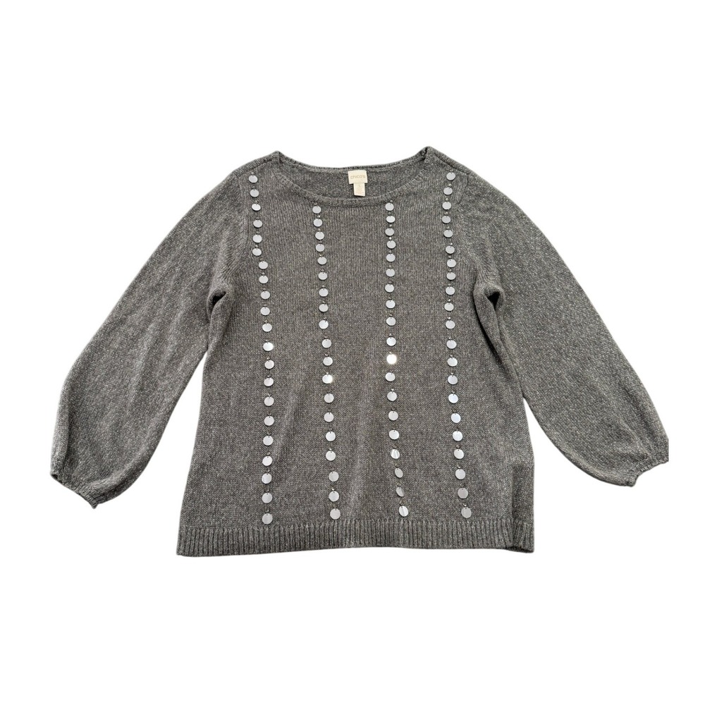 Chico's Sequin Embellished Sweater‎ Womens 3 XL Gray Metallic Knit Pullover